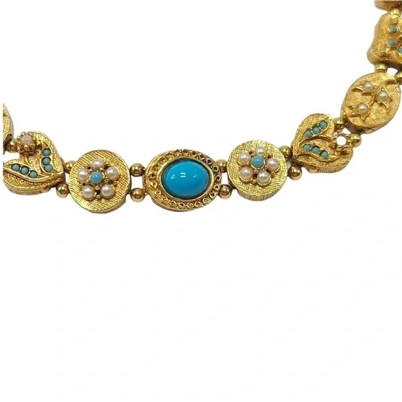 Vintage 60s Gold Tone Slide Carm Bracelet Faux Turquoise & Pearl Victorian - Picture 3 of 6